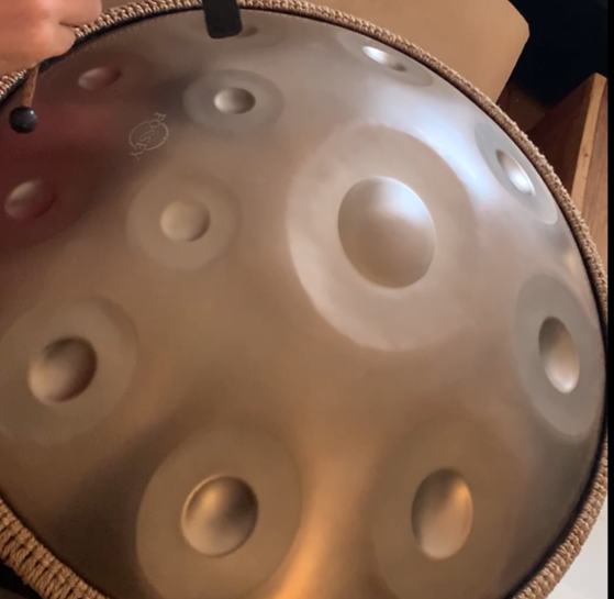Close-up of a metallic handpan showing tone fields and a braided rim