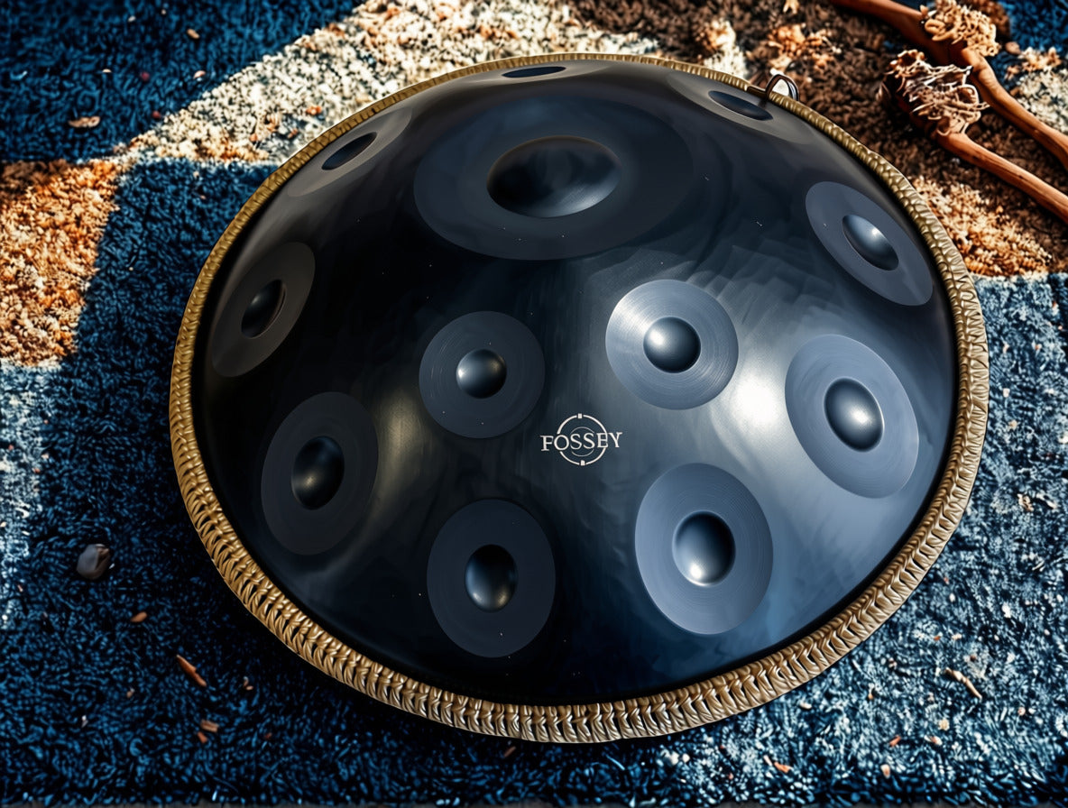 Black Fossey handpan on a blue patterned rug