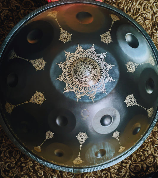 Beautiful Black Yantra Mandala Handpan D Kurd 432 Hz 22' Stainless Steel,  Fossey Handpan – 10 or 12-Note