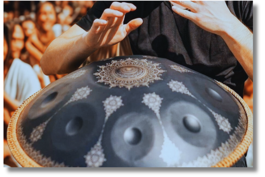Black Yantra pattern design festival Handpan D Kurd 432 Hz 22' Stainless Steel,  Fossey Handpan – 10-Note  – Handcrafted and Hand-Tuned
