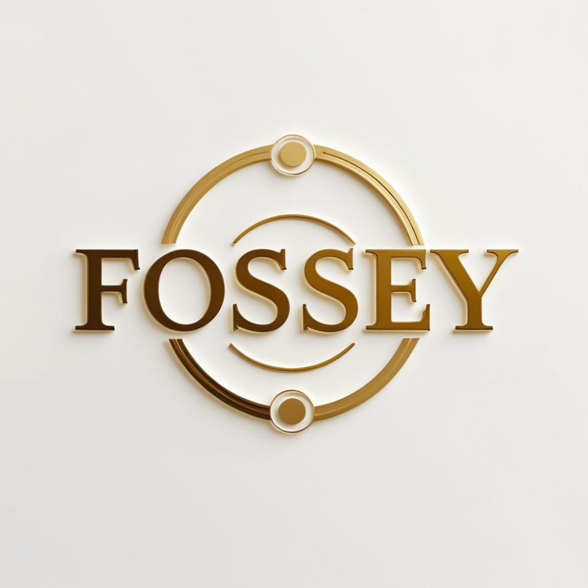 A gold metallic 3D logo plaque featuring the brand name 'FOSSEY' in bold serif letters, integrated with a circular geometric design, mounted on a clean white wall.