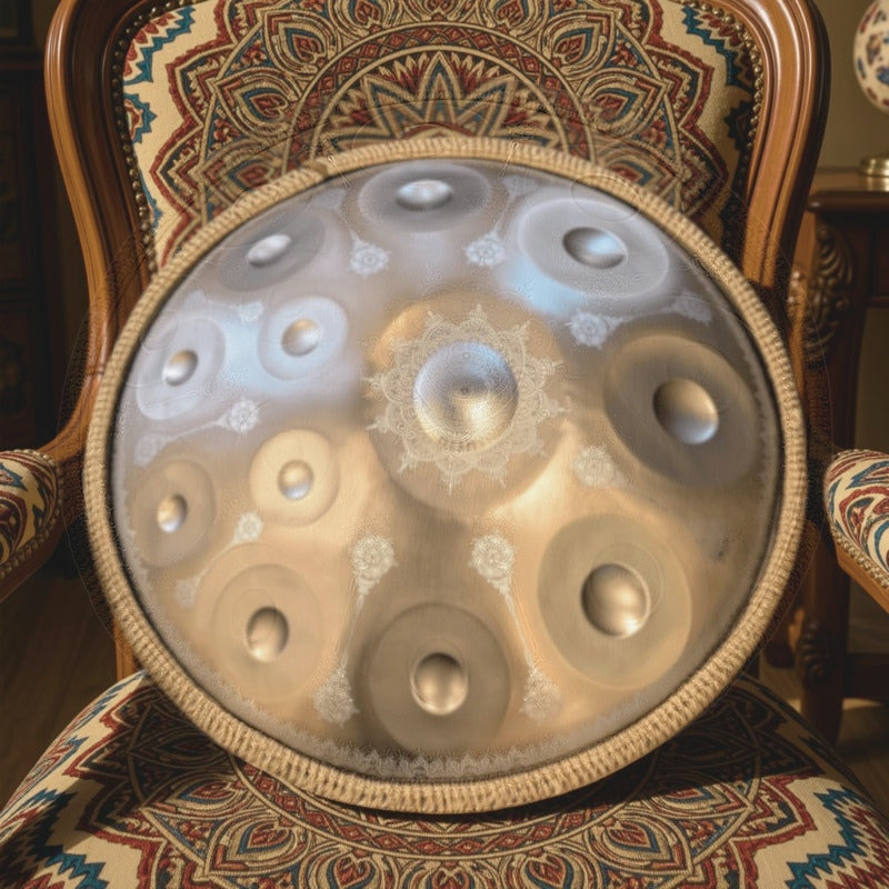 Gold Yantra Mandala handpan with engravings on a patterned chair. Gold Yantra Handpan, 12 Notes-D Kurd, Stainless Steel,