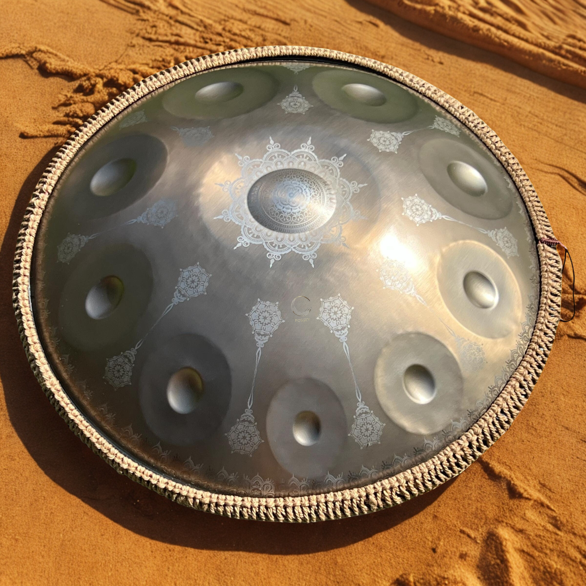 Gold Yantra Fossey Handpan – 10-12-Note Stainless Steel – Handcrafted and Hand-Tuned – D Kurd 440Hz,  Hand Drum, For Beginners and Advanced Musicians, Sound Healing Meditation, Wellness and Yoga.