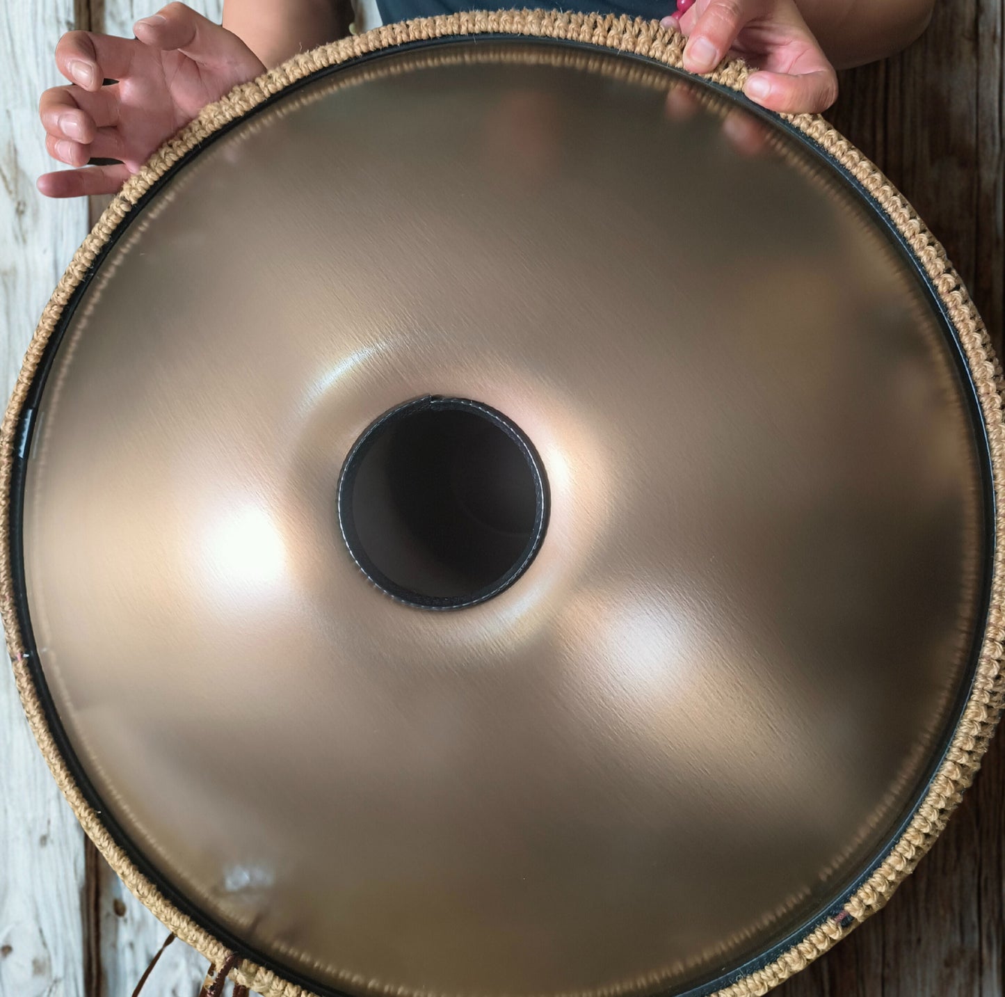 Underneath view of a Gold Standard 440hz Stainless Steel Handpan