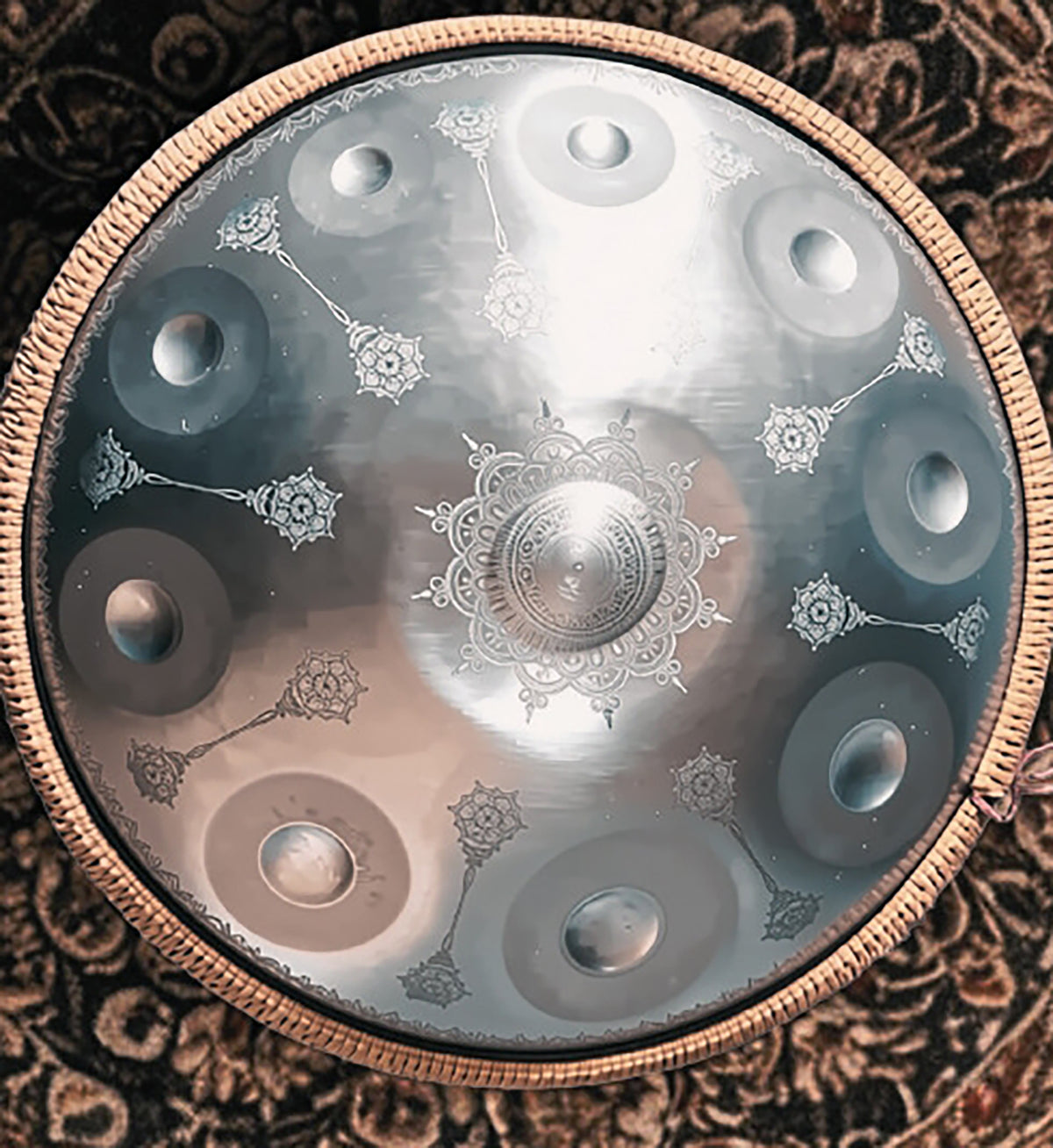 Silver Yantra Fossey Handpan - 12-Note, 440hz, D Kurd, Stainless Steel