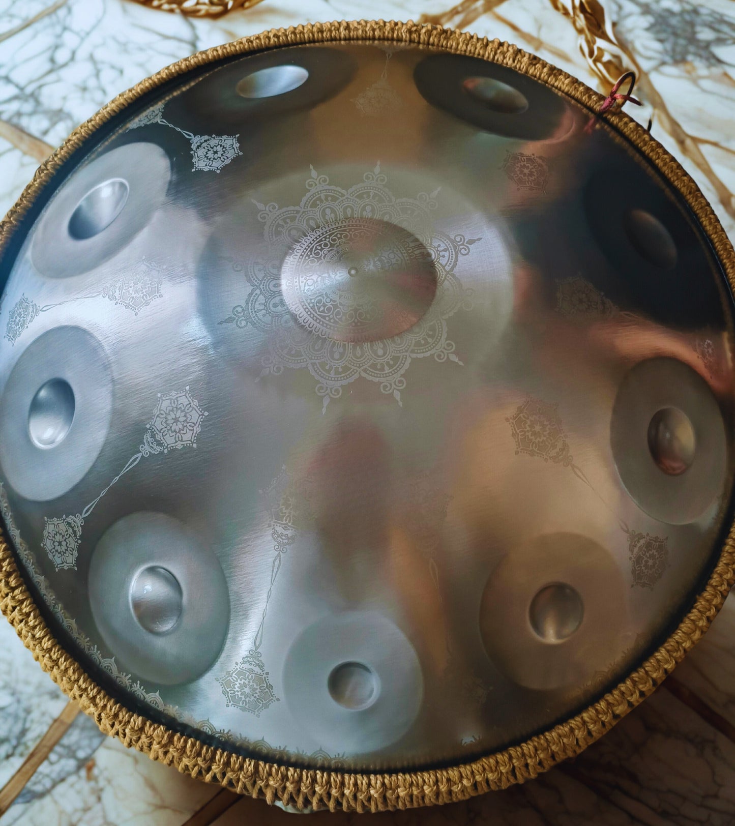Gold, Silver or Black Yantra Handpan, 14 Notes, 440hz or 432hz, D Kurd, Stainless Steel
