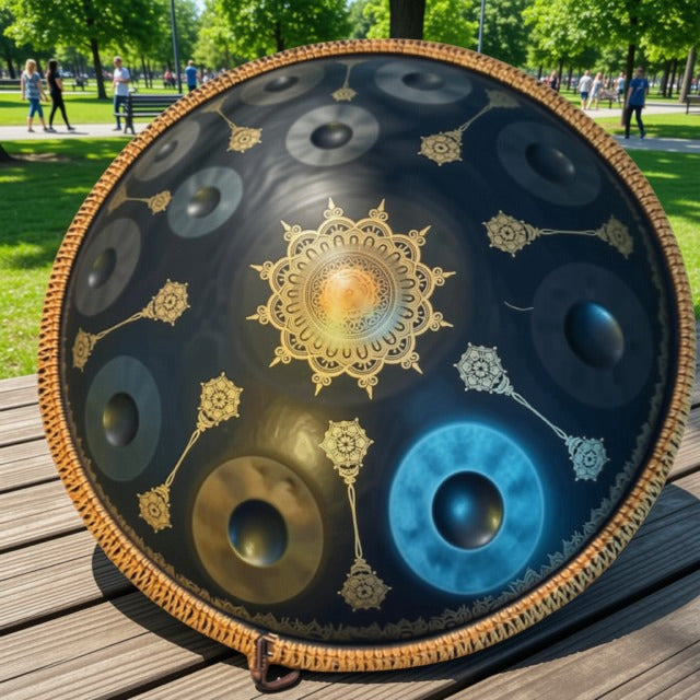 A large steel tongue drum with a black body, gold and silver decorative patterns, and metallic drum heads, photographed outdoors on a wooden bench with a park in the background. 12-note, 14-note