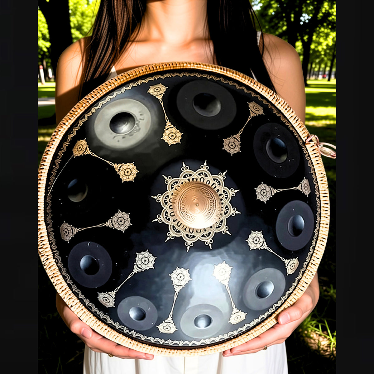 Black Yantra Fossey Handpan, D Kurd 432Hz, 22" Stainless Steel - 10 notes