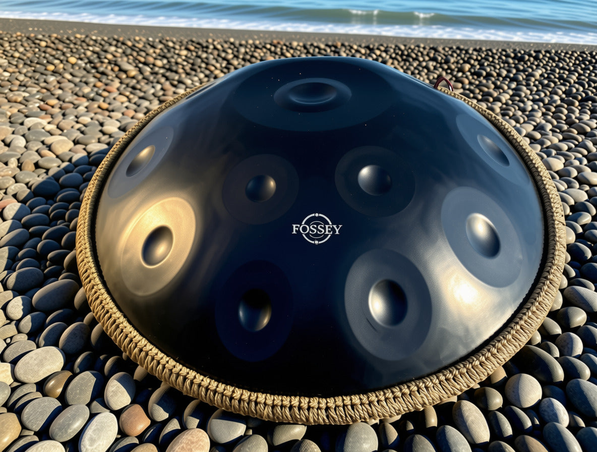 Black Fossey handpan with braided rim on a pebble beach beside the sea