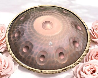 Rose Gold/Bronze HANDPAN – 10 Notes | 432Hz | Stainless Steel | Triple Ding | Color-Shifting Engraved Drum | Handcrafted & Tuned